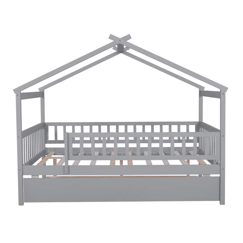 Full Pine House Bed with Twin Trundle, Guardrail