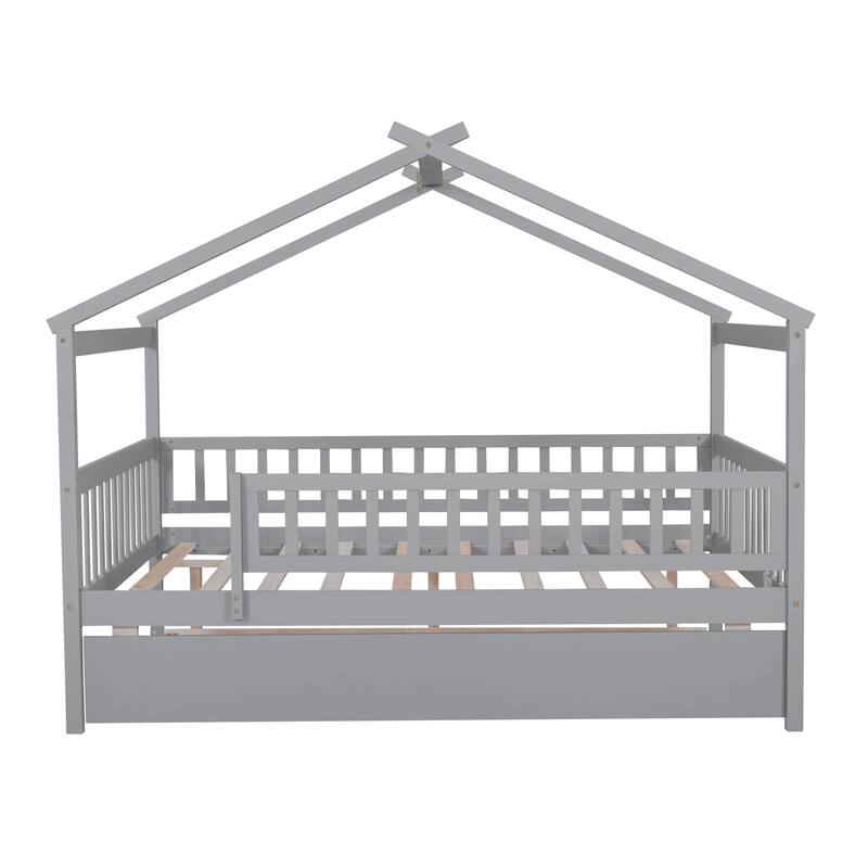 Pine House Bed with Trundle, Guardrail & Roof