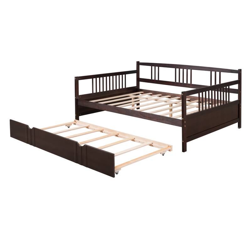 Espresso Wood Full Size Daybed Wood Bed with Twin Size Trundle Wood Frame