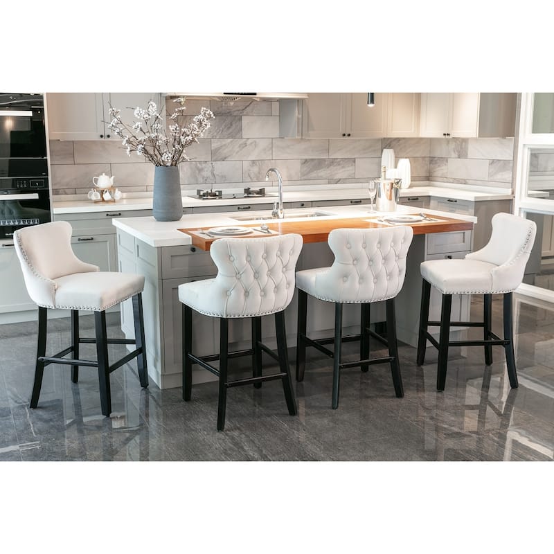 Contemporary Velvet Upholstered Wing-Back Barstools with Button Tufted Decoration Leisure Style Bar Chairs