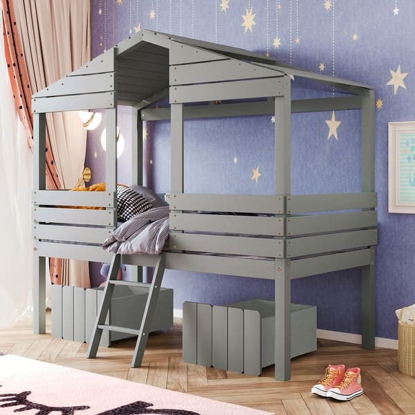 slide 2 of 10, Twin Size Bed for Kids, Low Loft Bed Twin with 2 Storage Drawers, Roof and Windows, Playhouse Twin Bed for Boys Girls