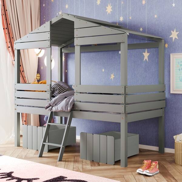 slide 2 of 26, Twin Size Low Loft Wood House Bed With Two Drawers Grey