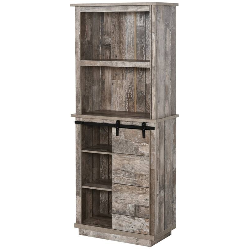 Vintage Wood Grain Tall Kitchen Storage Cabinet with Sliding Barn Door Adjustable Shelves and Five Tier