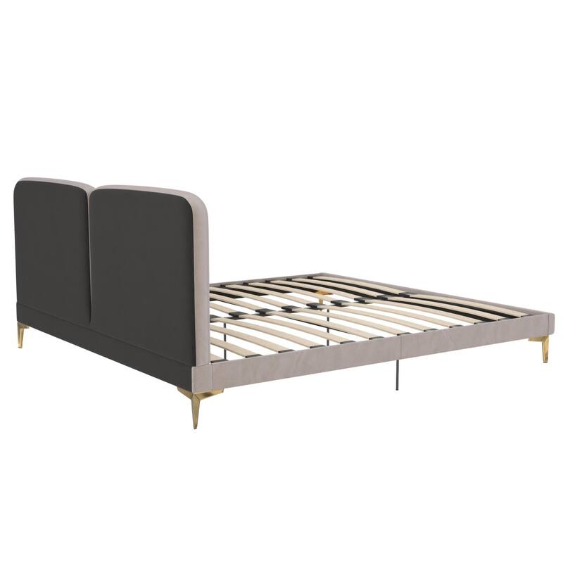 Velvet Upholstered Platform Bed with Foam-Padded Headboard, Modern Metal Legs, King Size