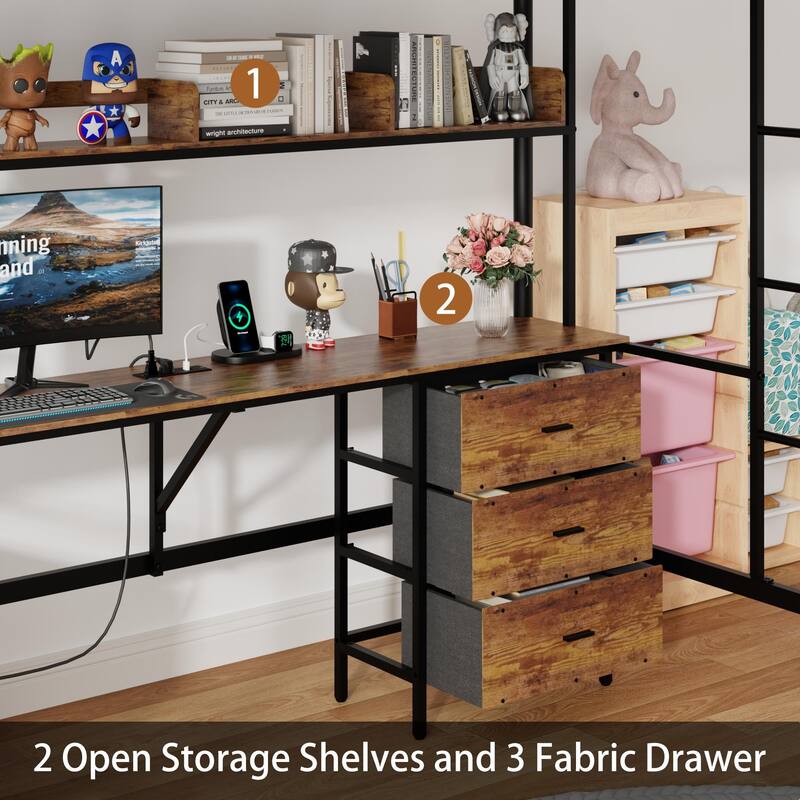 Twin Size Metal Loft Bed with Desk, Heavy Duty Metal High Loftbed Frame, Built In Wood Desk with Charging Station and 3 Drawers