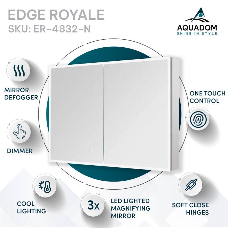 AQUADOM Edge Royale Bathroom Led Lighted Medicine Cabinet Defogger, 3X LED Adjustable Magnifying Mirror, Electrical Outlets.