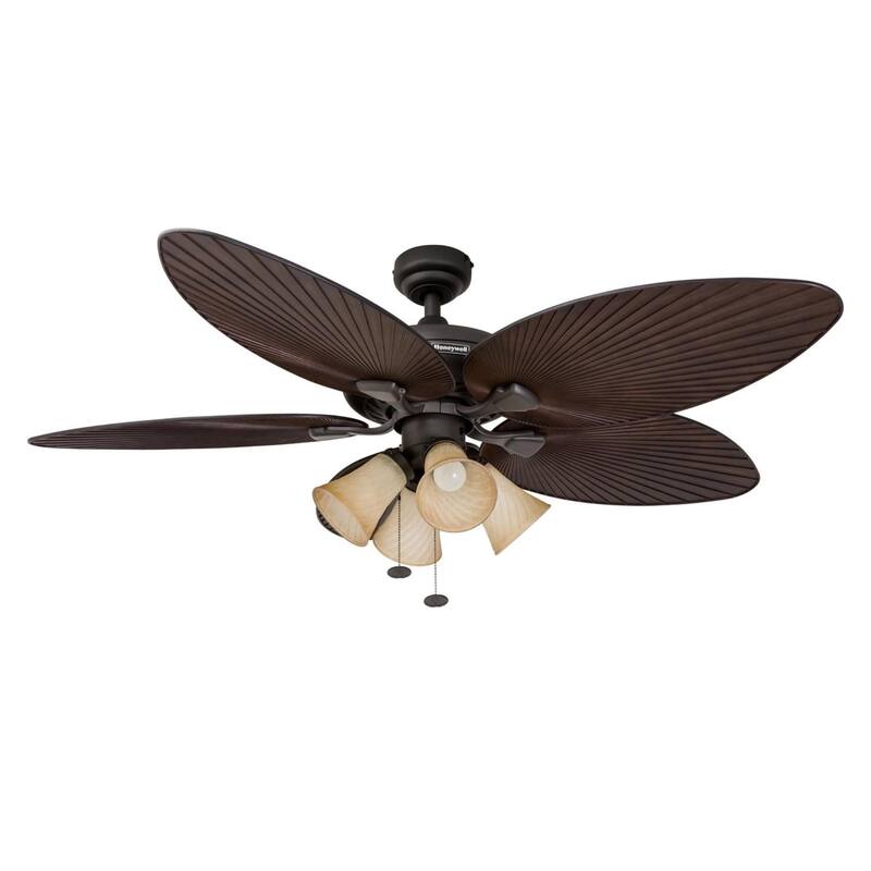 52" Honeywell Palm Island Bronze Indoor/Outdoor Ceiling Fan with Light, Pull Chain, 5 Palm Leaf Blades