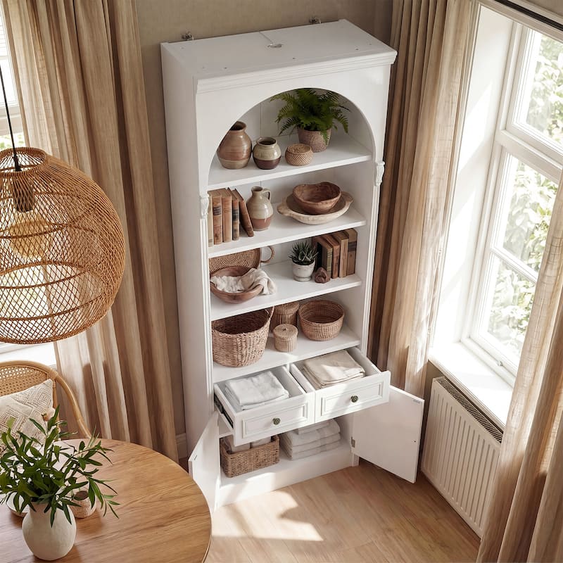 Modular White Bookcase with LED Lights & Glass Doors, 86.6" Tall Arched Display Cabinet Solid WoodStorage Cabinet