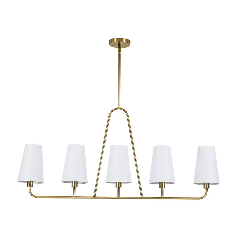 5-Light Mid-Century Modern Linear Pendant Light in Brass Finish White TC Fabric Shade for Dining Room and Kitchen Island