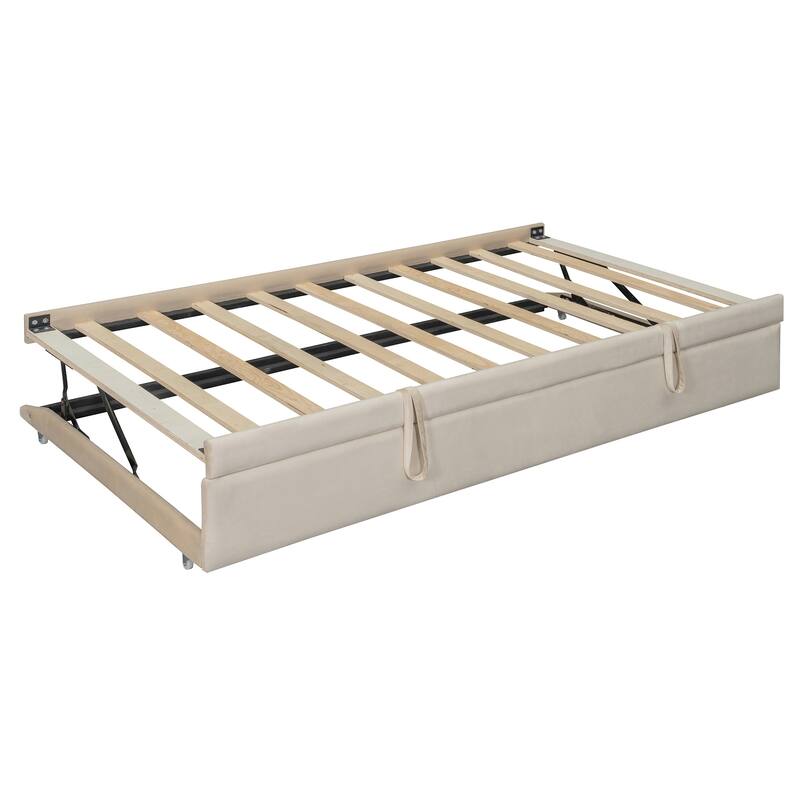 Velvet Upholstered Twin Daybed with Trundle, Storage Shelves & USB Charging (Beige)