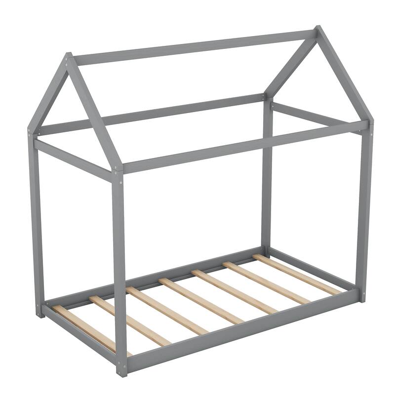 Twin Size Wood House Floor Bed, Wooden Montessori Bed Frame with Roof, Playhouse Twin Bed Frame for Kids, Teens, Boys or Girls