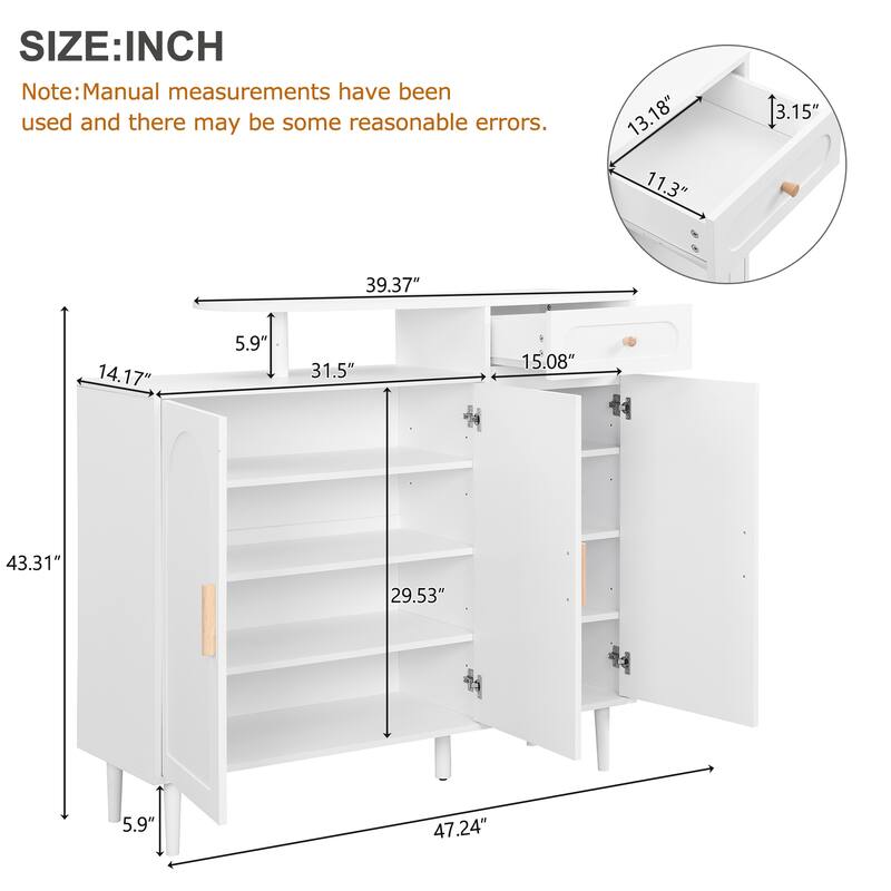 Cream-Colored Elegant Shoe Cabinet Featuring Arched Doors, Drawer, Adjustable Shelves, and Solid Wood Legs.