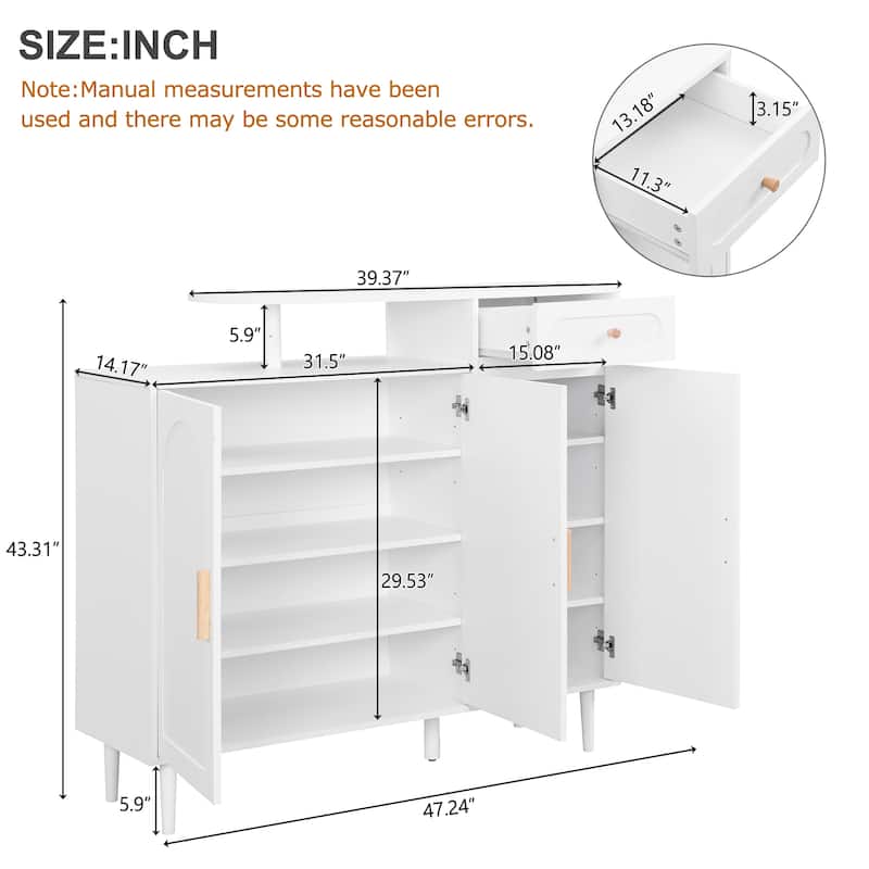 Elegant Entryway Shoe Storage Cabinet with Arched Doors & Drawer, Adjustable Shelves, Solid Wood Legs