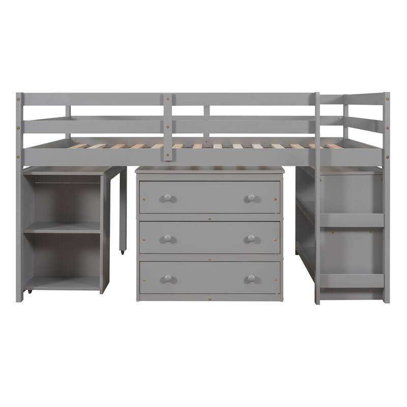 Low Loft Bed with Cabinet Shelves and Rolling Portable Desk