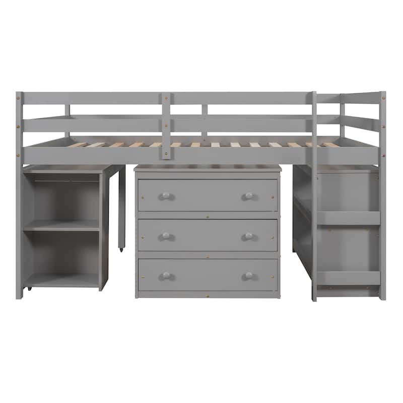 Multifunctional Full Loft Bed with Cabinet, Shelves, and Rolling Desk in Gray