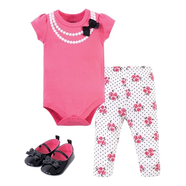 slide 1 of 1, Little Treasure Baby Girl Cotton Bodysuit, Pant and Shoe 3pc Set, Pink Pearls 0-3 Months - Pink Pearls