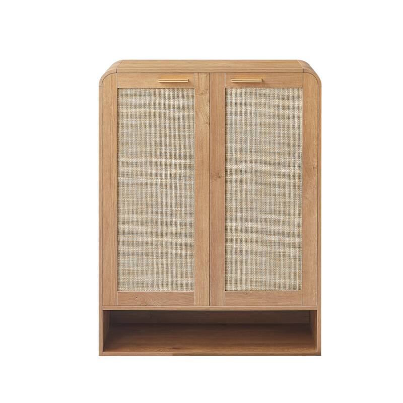 Rattan Shoe Cabinet with Doors & Open Bottom Shelf, Shoe Storage Cabinet with Adjustable Shelves, Wooden Shoes Rack Organizer