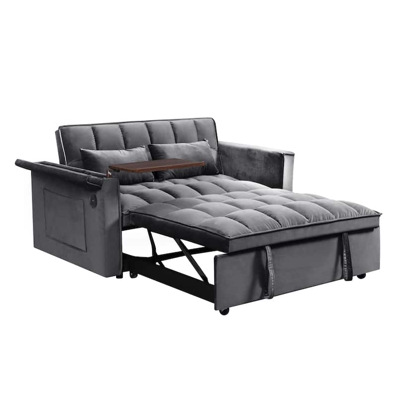 55.5" Convertible Velvet Double Sleeper Sofa Bed with Hidden Side Table