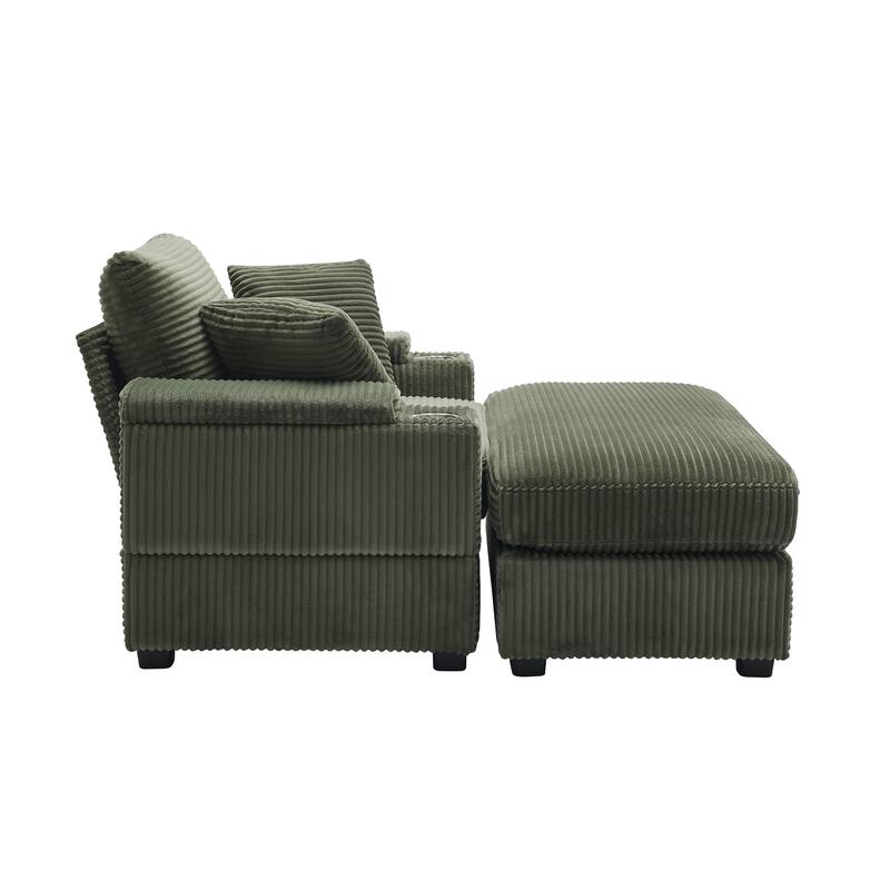 Corduroy Sofa Sets with Ottoman, Handrail Storage and Cup Holders