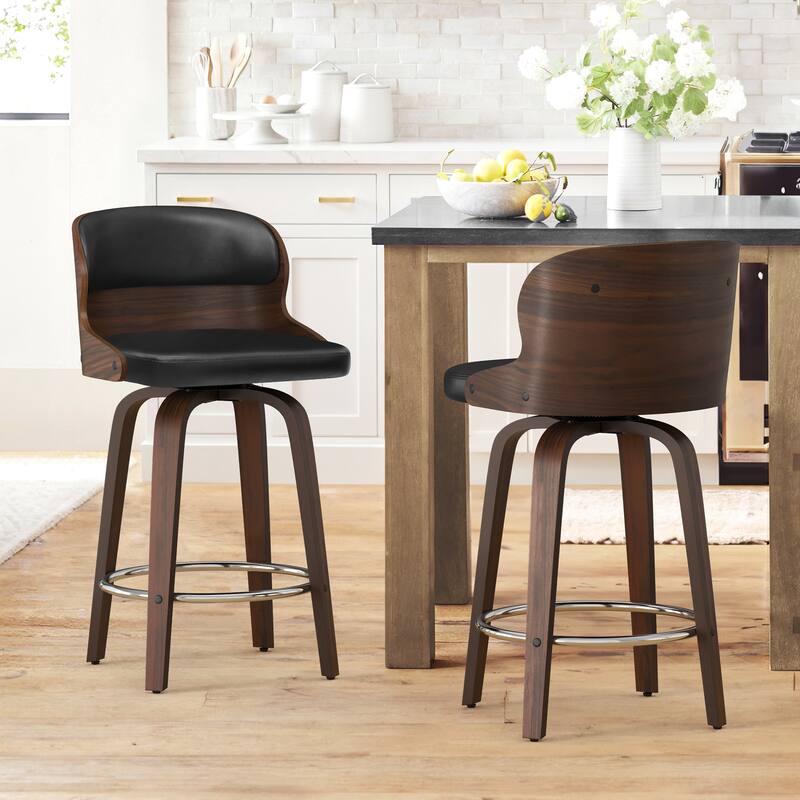 26 in. Counter Height Stool, Wooden Swivel Barstool PU Leather with Low Back