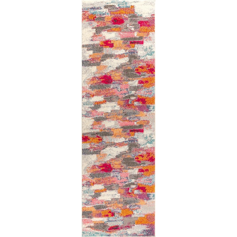 JONATHAN Y Groovy POP Modern Abstract Brushstroke Area Rug - 2 X 8 - Cream/Pink