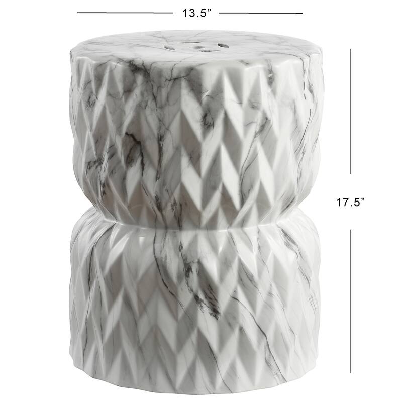 Chevron Drum 17.5" White Marble Finish Ceramic Garden Stool