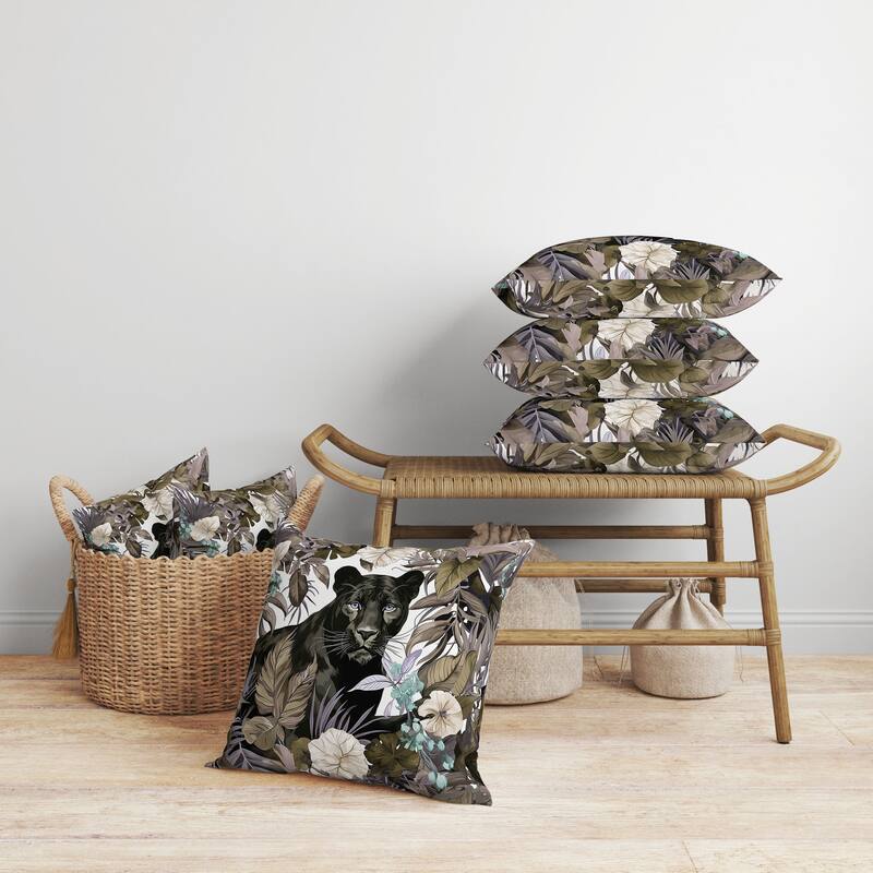 Panther Tropic Twilight Faux Suede Reversible Throw Pillow Black and Olive