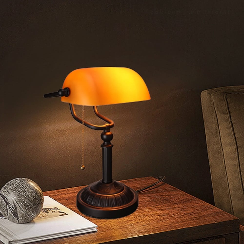 Escena Antique Style Bankers Lamp Matte Amber Glass Desk Lamp Pull Chain Switch Attached Oil Rubbed Bronze