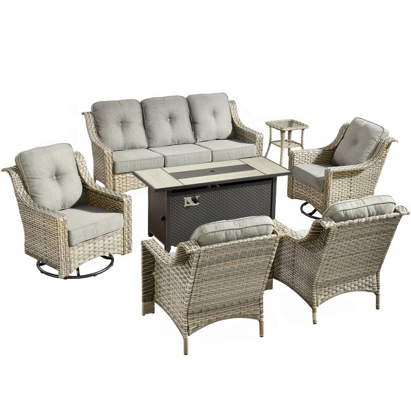 HOOOWOOO 7-piece Wicker Rattan Outdoor High Back Conversation Set with 54" Fire Pit