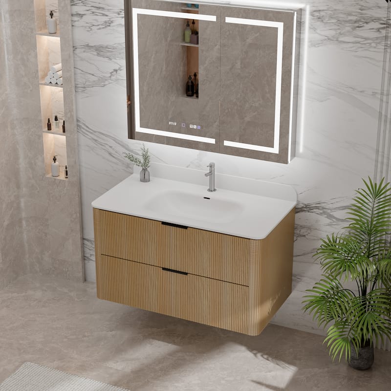 Modland Fluted Floating Vanity with Sink, Plywood Wall Mount Cabinet, Curved Edge, 24/30/36 Inch