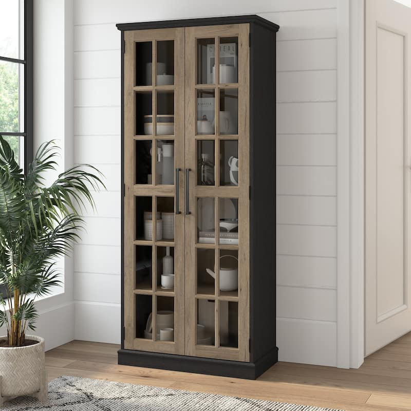 Westbrook Curio Cabinet with Glass Doors by Bush Furniture - Vintage Black/Restored Tan Hickory