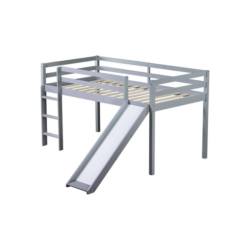Low Loft Twin Bed with Slide, Ladder, Safety Rails, Rubber Wood Frame, Grey