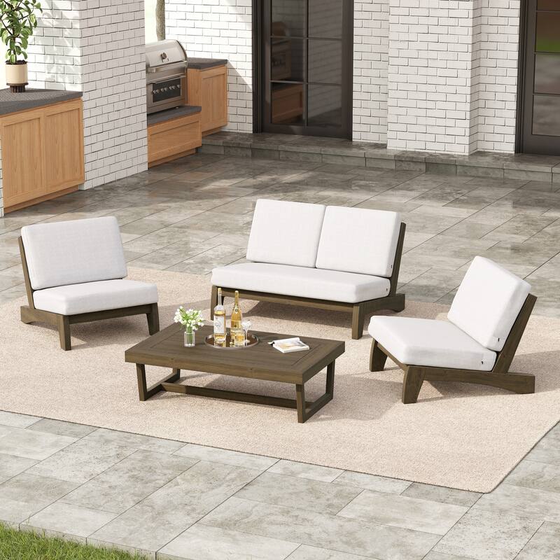 4 Set Outdoor Patio Teak Wood Club Chairs Loveseat with Cushion