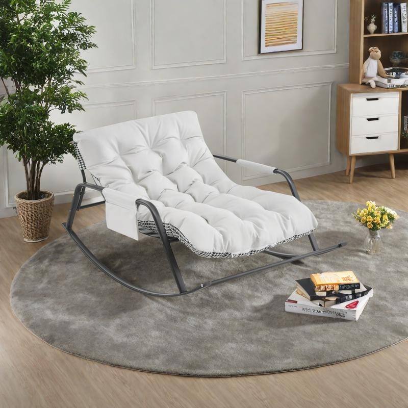 Technical Leather Extra-Wide Gliding Rocking Chair with Reclining Function and Steel Frame - White