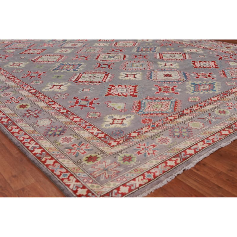 Hand Knotted Oriental 100% Wool Carpet Traditional All-Over Greys & Charcoal Kazak Area Rug - 9' 10'' X 8' 2''