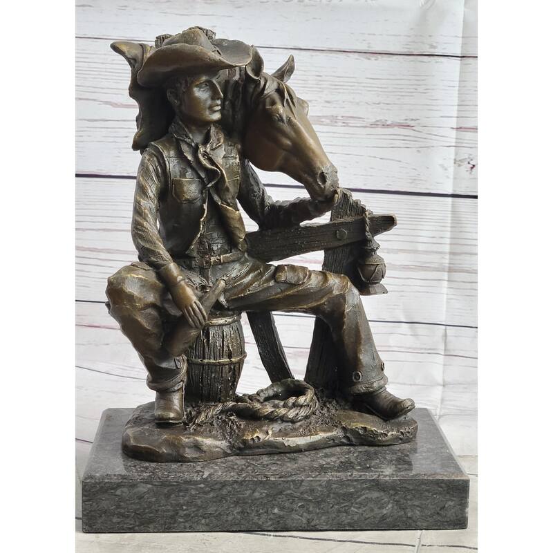 Cowboy Horse Sitting Having A Drink Bronze Statue Sculpture Country Western