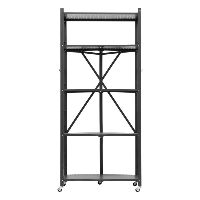 Black Carbon Steel 5 Tier Folding Storage Shelf with Wheels and 750 lbs Load - 15 x 28 x 64 in - Black