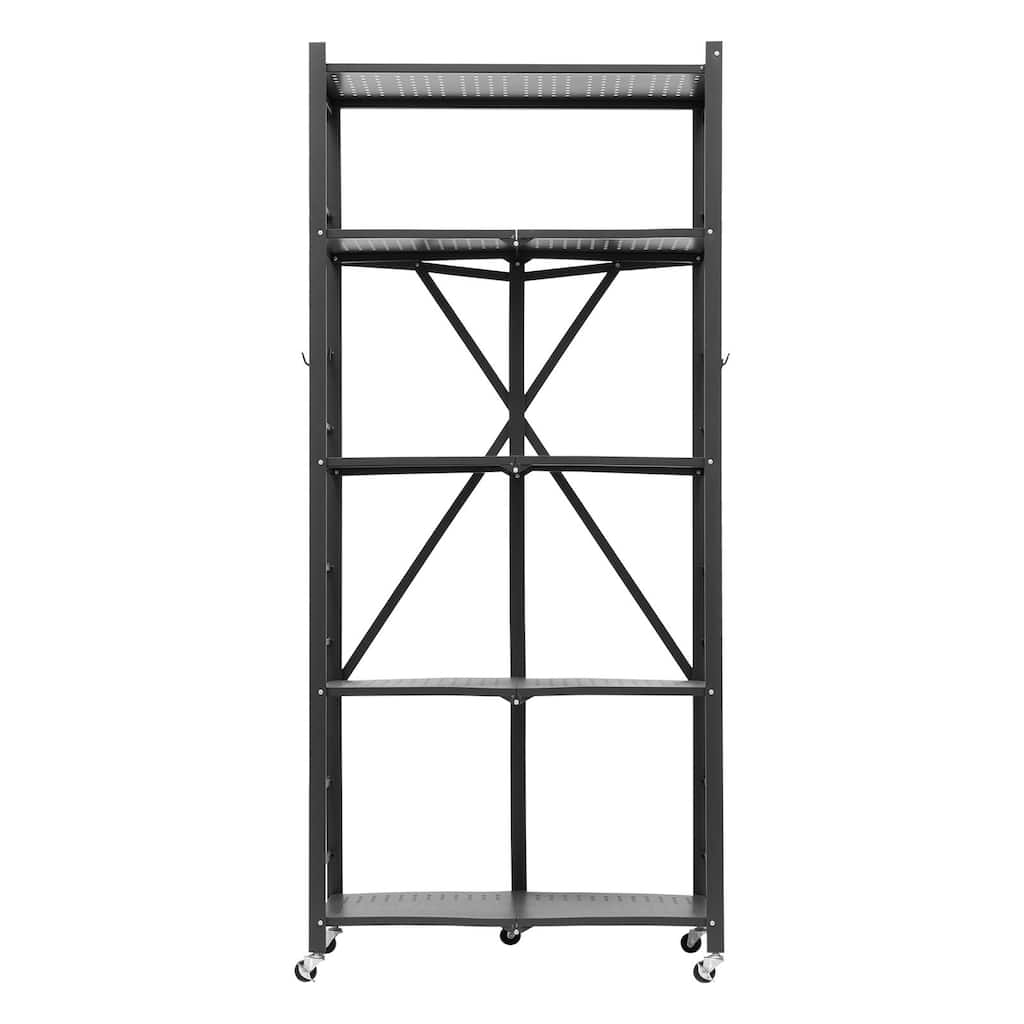 Black Carbon Steel 5 Tier Folding Storage Shelf with Wheels and 750 lbs Load - 15 x 28 x 64 in