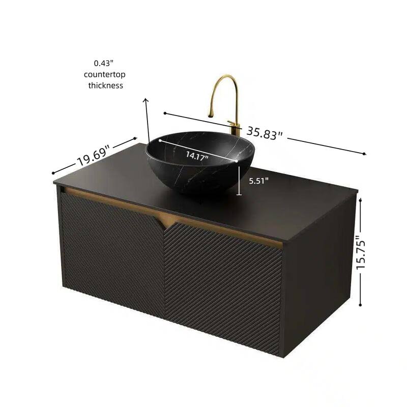 30"/36"/48" Floating Bathroom Vanity with Vessel Sink, Wall Mounted Sintered Stone Countertop Bathroom Storage Cabinet