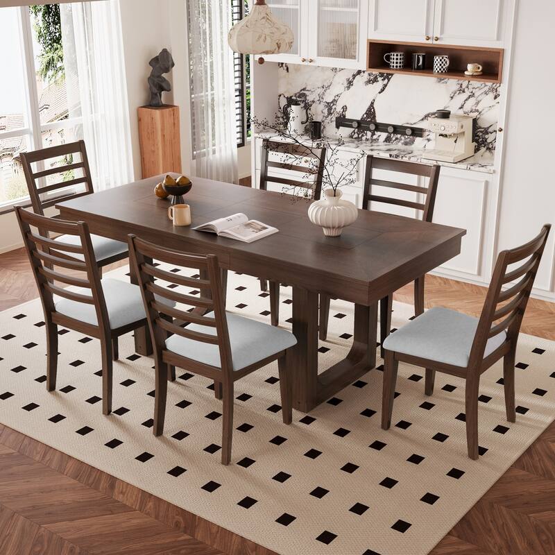 5/7-Piece Set, 60-78" Extendable Dining Table with Upholstered Chairs - 7-Piece - Walnut