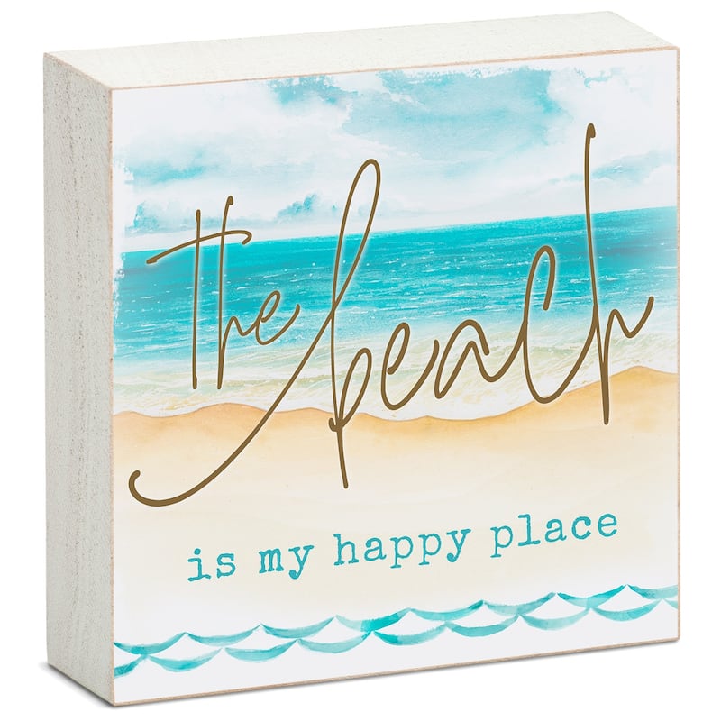 Wood Block Décor Message Beach My Happy Place Sign, 3.75 inches Square ...