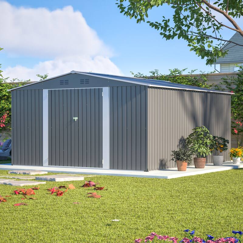 GDFStudio - Cassandra Large Outdoor Metal Storage Shed with Lockable Doors for Secure Vehicle and Equipment Storage