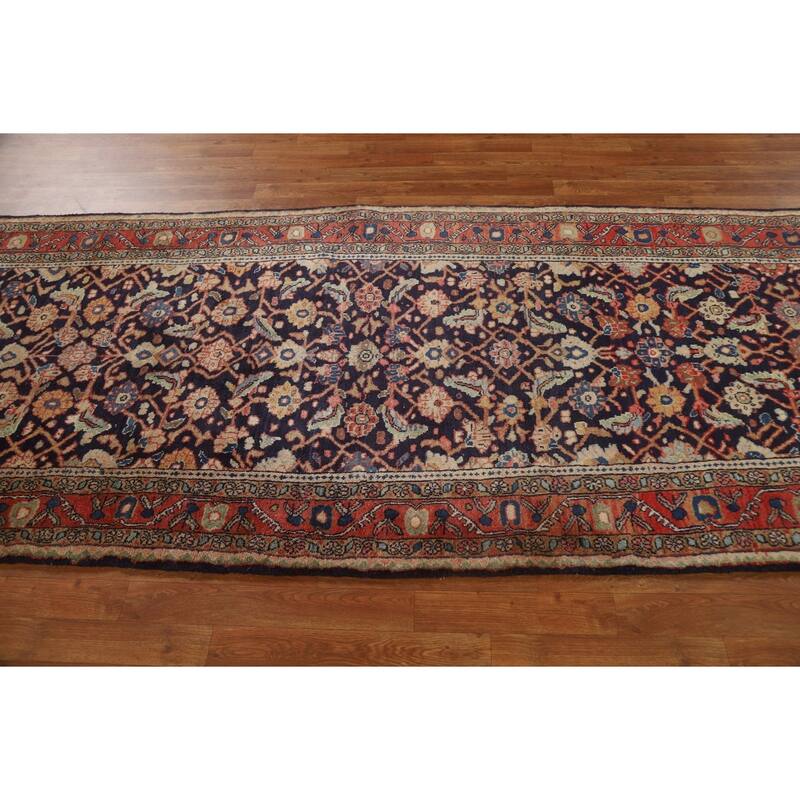 Hand Knotted Oriental 100% Wool Carpet Traditional Geometric Navy Blue & Blues Mahal Runner Rug - 10' 11'' X 3' 11''