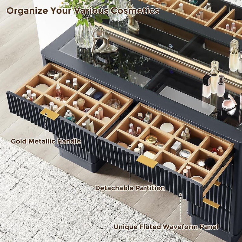 Modern Fluted Makeup Vanity Desk with Mirror, Lights, Charging Station