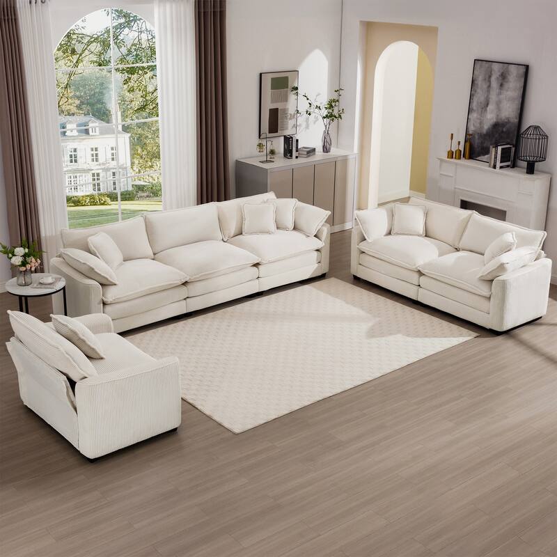 Oversized 3 - Piece Sofa Set with Corduroy 3-Seater Sofa and 2-Seater Loveseat & Single Deep Seat Sofa Chair for Livingroom