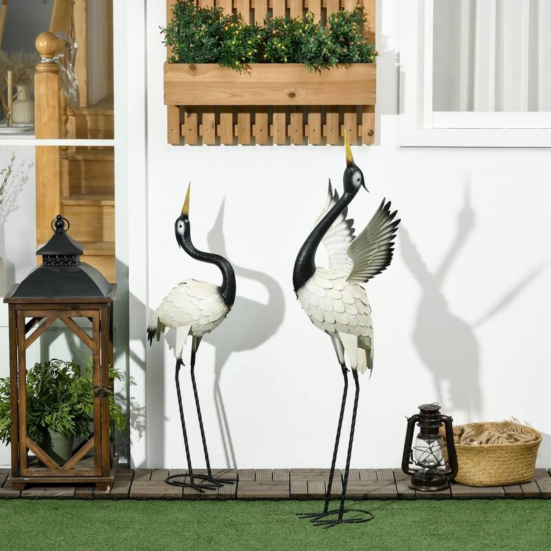 Heron Garden Statues, 35.5" & 40.5" Standing Bird Sculptures Metal Yard Art Decor
