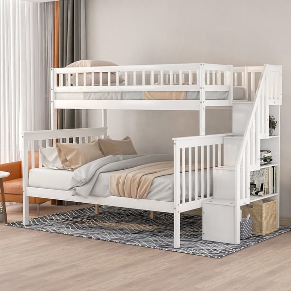 slide 2 of 9, Stairway Twin Over Full Bunk Bed with 2 Drawers & Storage Stair, Solid Wood Bunkbeds Frame for Kids/Teens, Twin Over Full Size White - Full