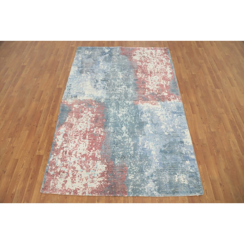 Hand Knotted Oriental Viscose Silk Carpet Modern Abstract Navy Blue & Blues Abstract Area Rug - 7' 10'' X 5' 0''
