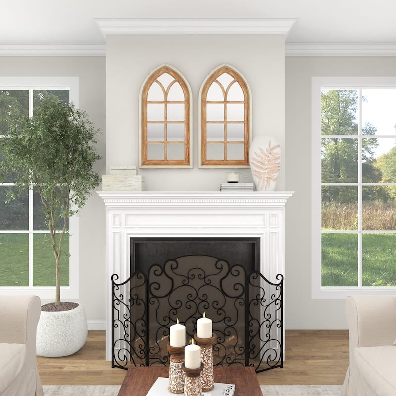 Wood Window Pane Inspired Room Wall Mirror with Arched Top and Distressing - Brown - Roche River Decor