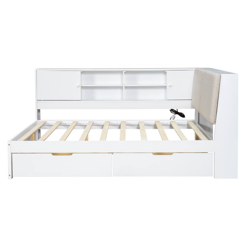 L-shaped Daybed Wooden Corner Sofa Bed Frame with Sliding Doors Bookcase Captains Bed, Upholstered Headboard Built-in Storage